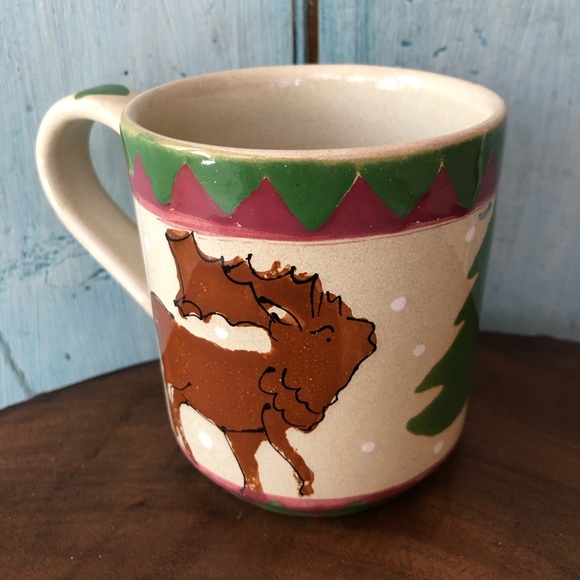 Artisan-made stylized winter mug with moose, pine tree, & snowflakes - Picture 2 of 5